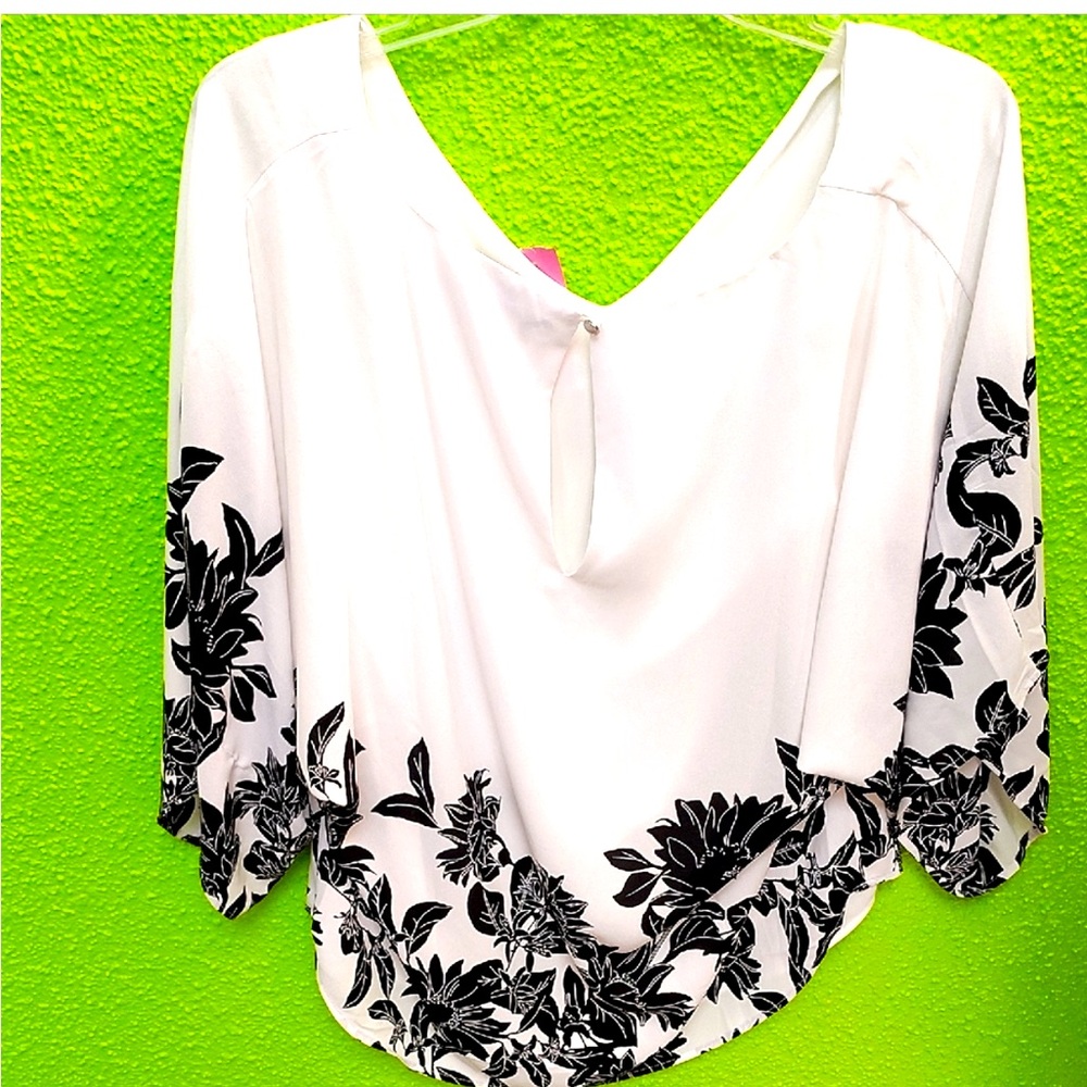 White House Black Market Asymmetrical White and Black Blouse